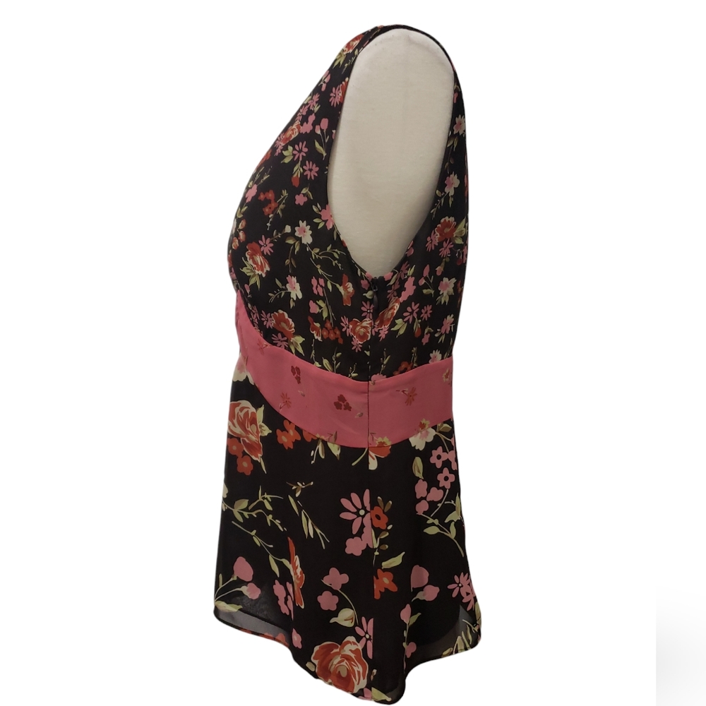 LOFT V-neck Fit & Flare Sleeveless Blouse Brown Pink Floral Empire Waist Boho - Picture 3 of 9